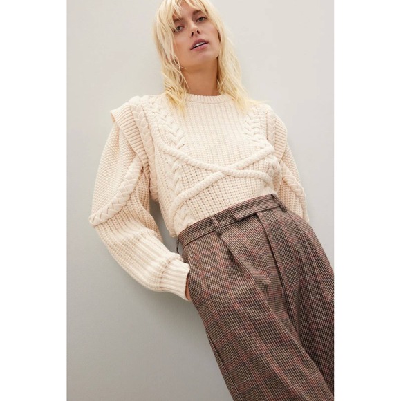 Ronny Kobo Collective Sweaters - Ronny Kobo Collective Cream Cable Knit Cropped Sweater Ruffle Shoulder Small